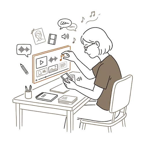 机に向かう人が、声・絵・短い映像・音楽といった素材を、画面の中の一本の映像フレームに並べ替えて組み上げている様子。